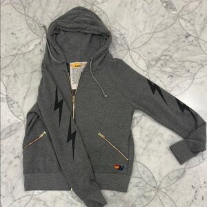 Aviator Nation Gray Hoodie with Black Lightning Bolts